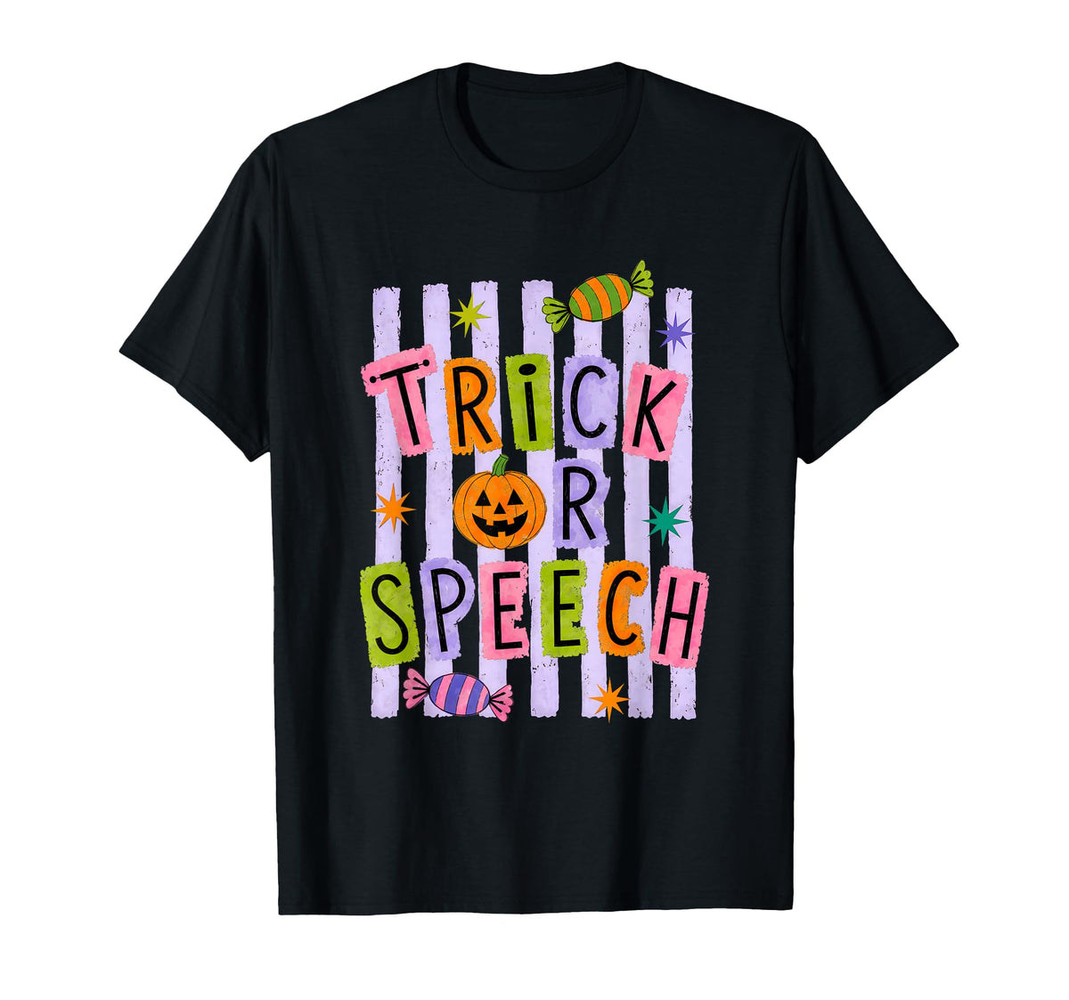 Striped Halloween Trick Speech Therapy Teacher Slp Unisex T-shirt, Sweatshirt, Hoodie (1)