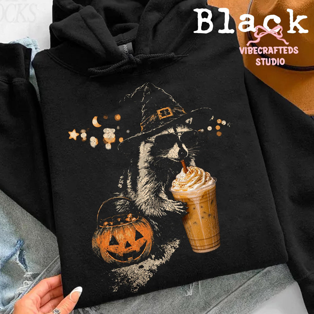 Halloween Raccoon Drinking Pumpkin Spice Witch Raccoon Spooky Season Fall Autumn Coffee Lover (1)