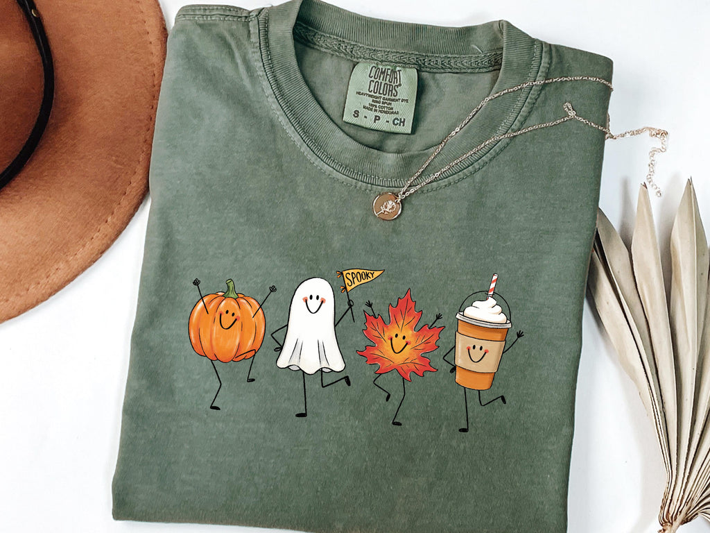 Autumn Halloween Fall Pumpkin Ghost Maple Leaf Pumpkin Spice Latte Comfort Colors Tee Spooky Season (4)