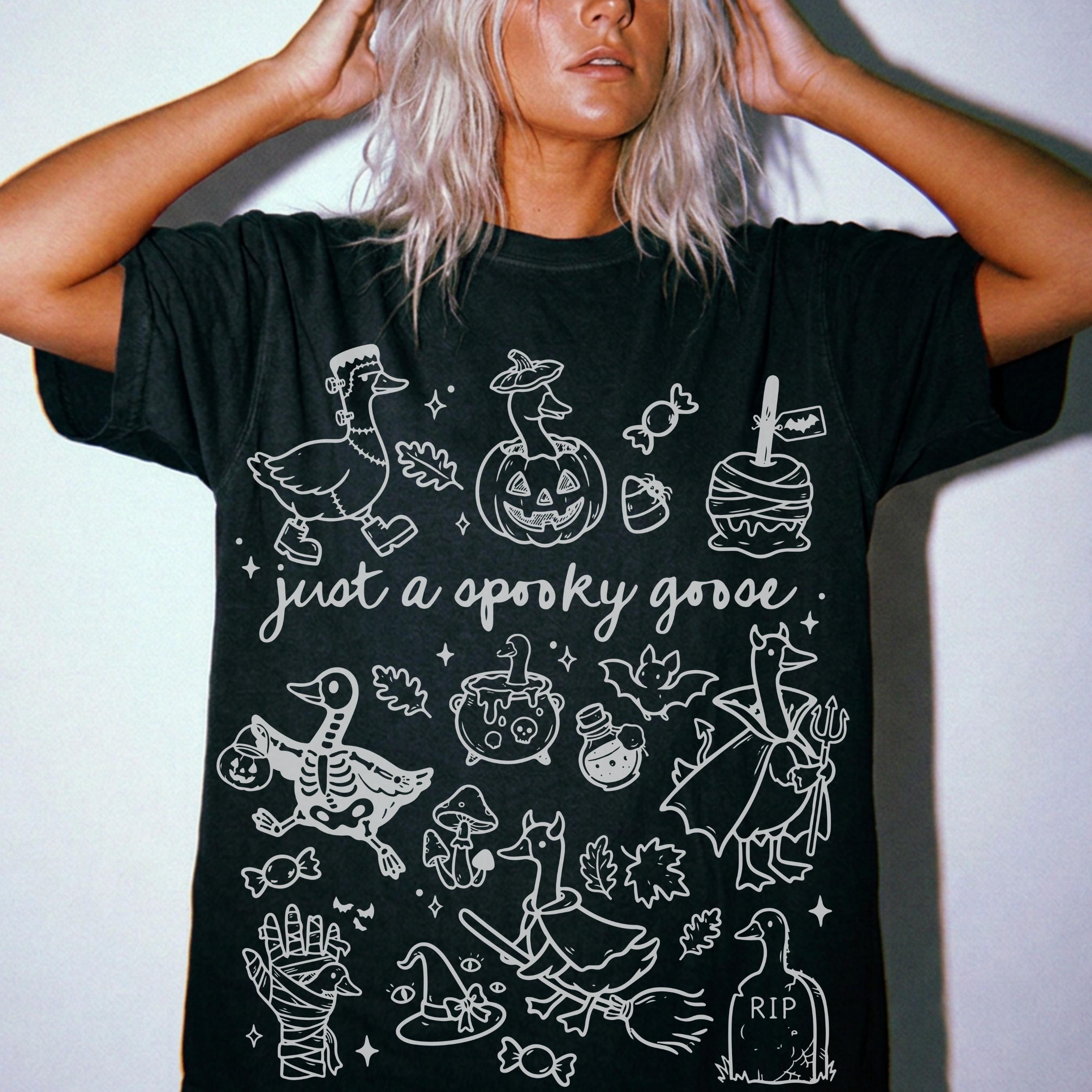 Spooky Goose Halloween Doodles Ghost Fall Autumn Retro Spooky Season Witchy Tops (4)