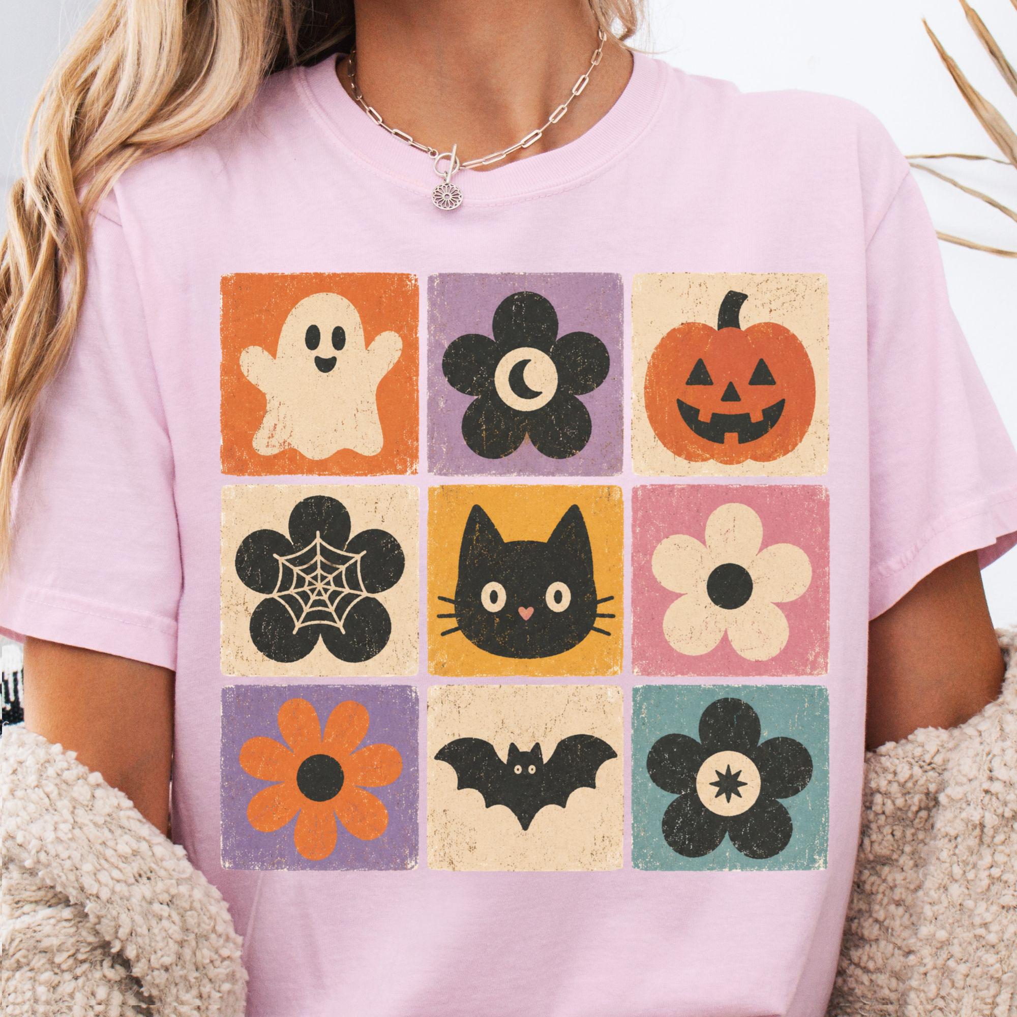Halloween Retro Ghost Pumpkin Tee Floral Halloween Spooky Season Vintage Fall (3)
