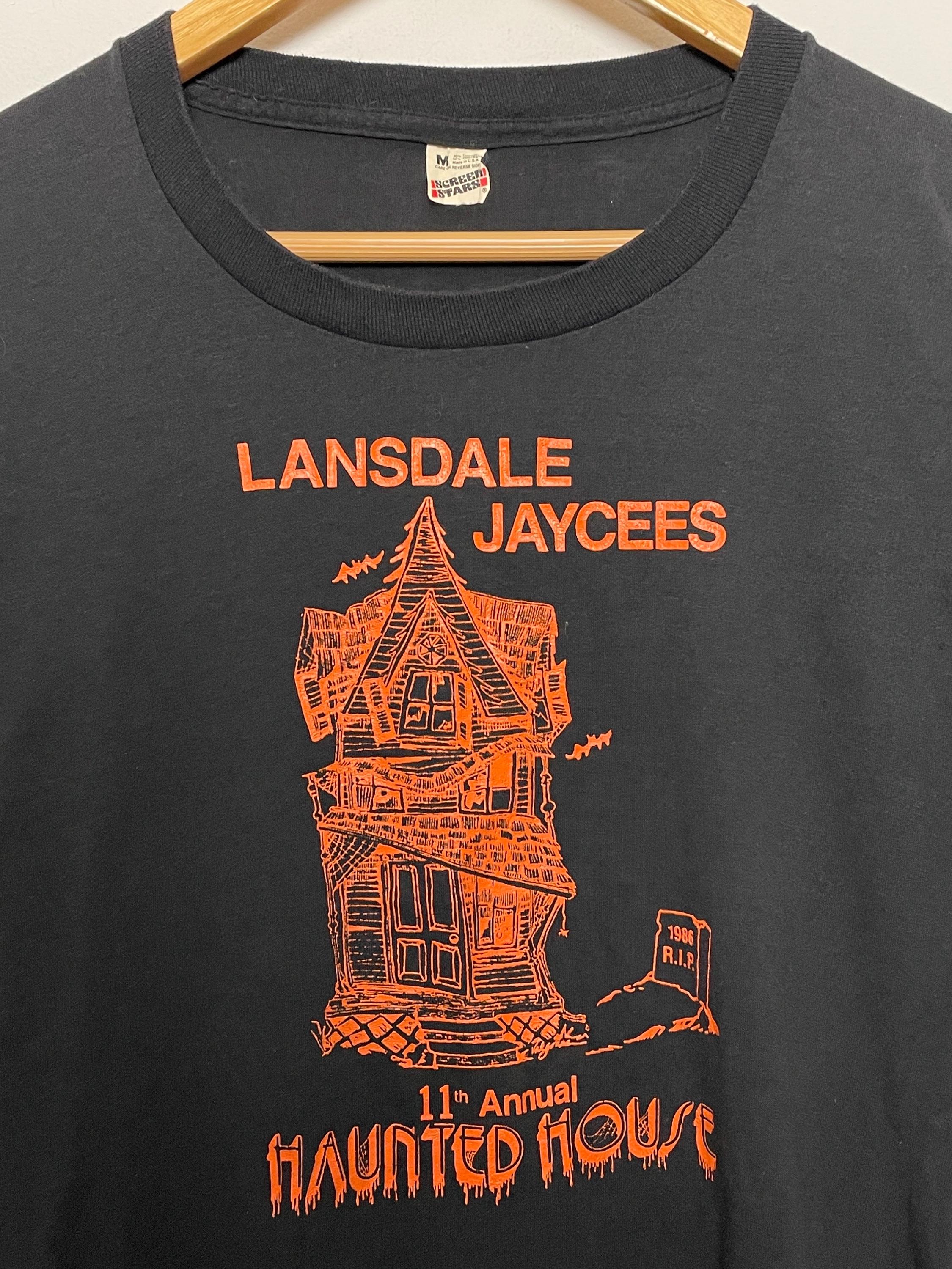 Vintage 1986 Lansdale Pennsylvania 11th Annual Haunted House Orange Black Made Usa Screen Stars Tee Fits Small (2)