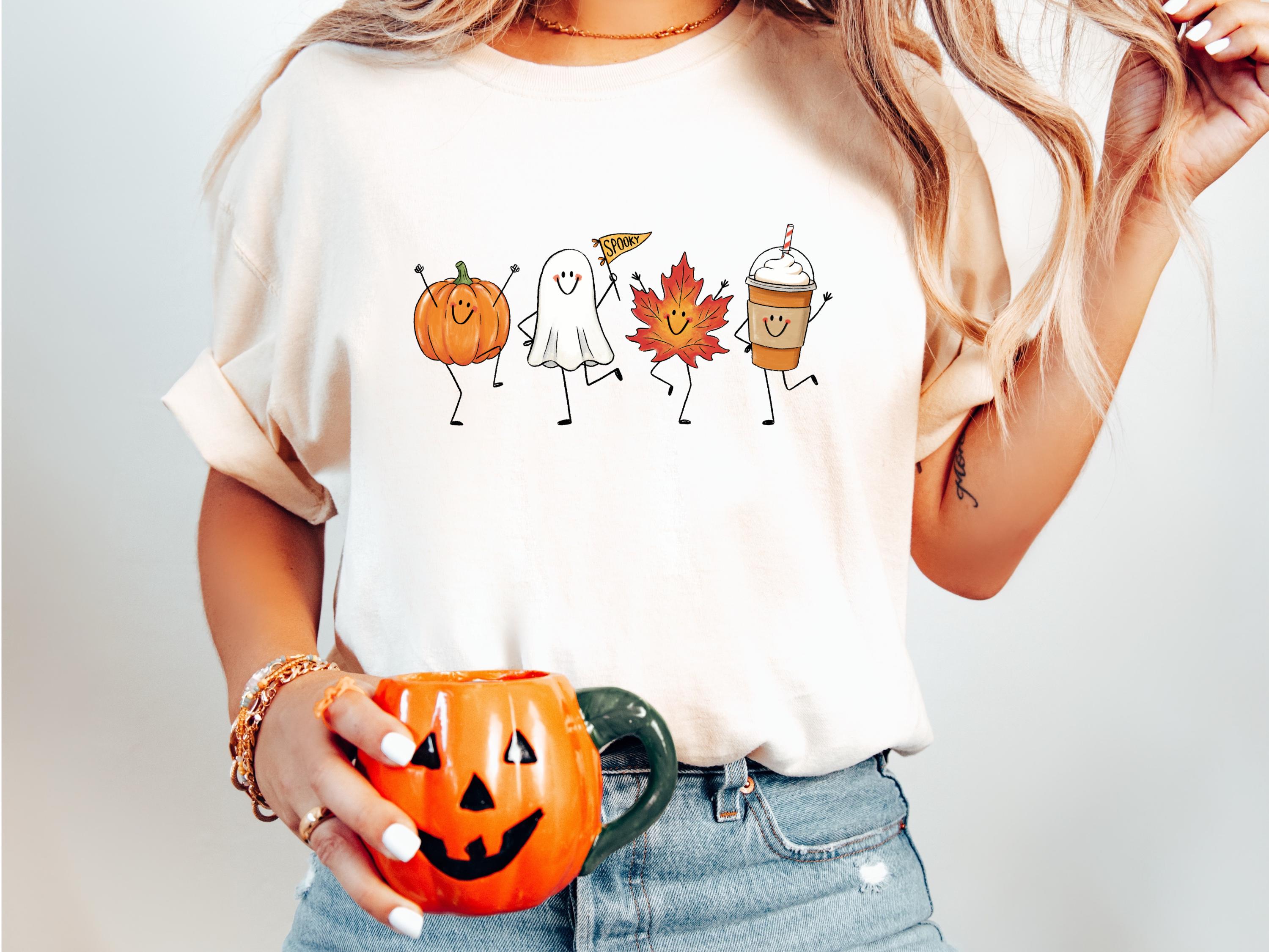 Autumn Halloween Fall Pumpkin Ghost Maple Leaf Pumpkin Spice Latte Comfort Colors Tee Spooky Season (2)