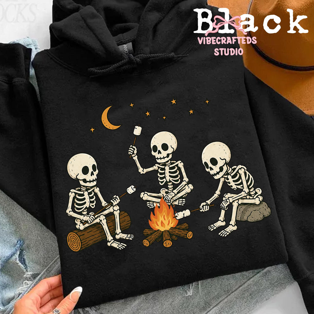 Skeleton Camping Three Skeletons Roasting Marshmallows Around Campfire Halloween Outdoor (4)