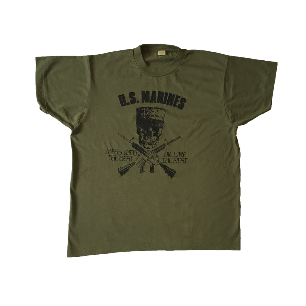 Vinatge 80s Marines Deadstock Rare Mess Die Like Rest Army Skull Utility Single Stitch Green Khaki Tee (1)