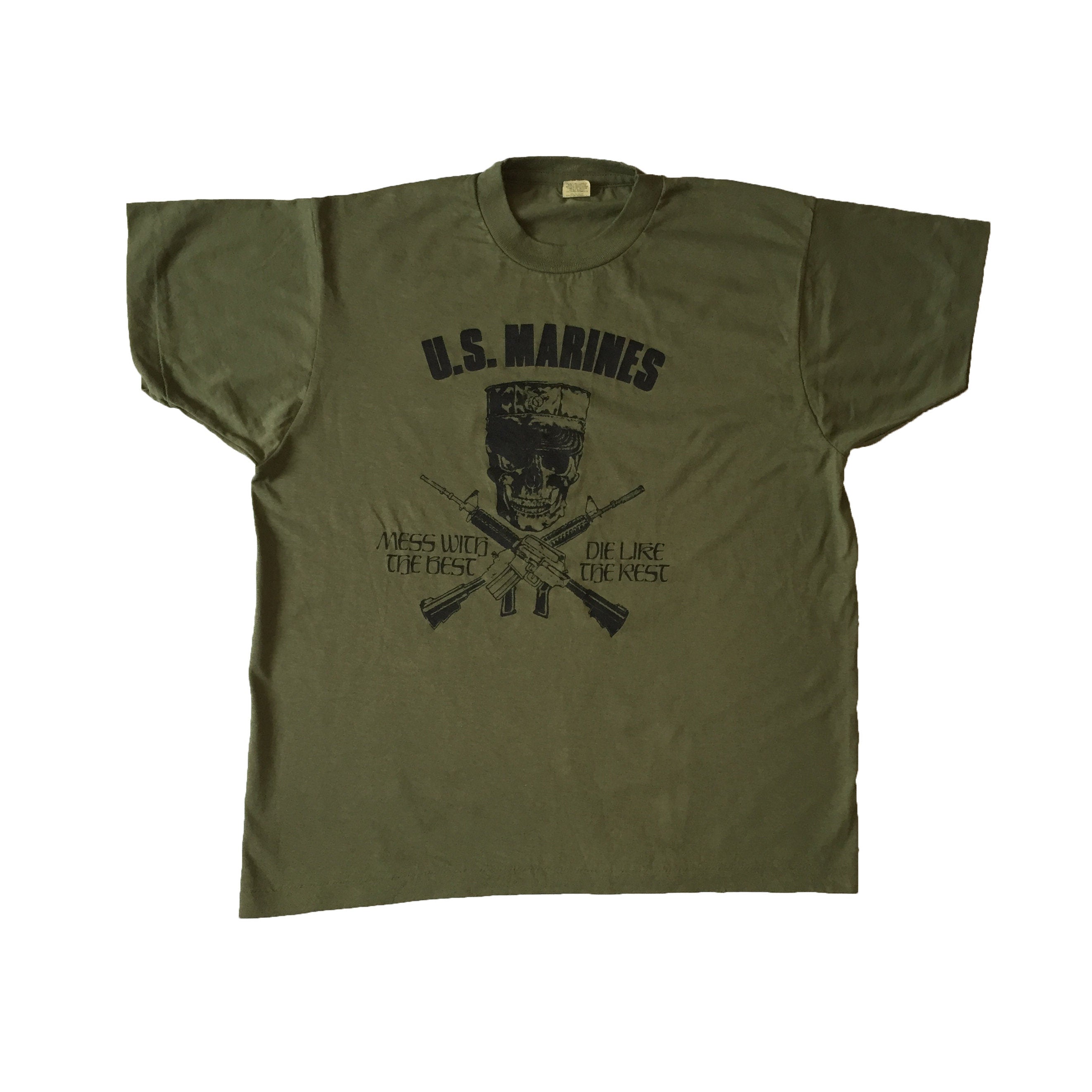 Vinatge 80s Marines Deadstock Rare Mess Die Like Rest Army Skull Utility Single Stitch Green Khaki Tee (1)