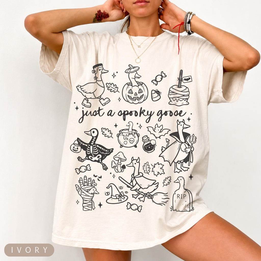 Spooky Goose Halloween Doodles Ghost Fall Autumn Retro Spooky Season Witchy Tops (1)