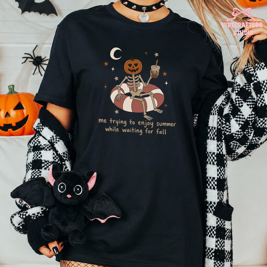Summerween Skeleton Trying Enjoy Summer While Waiting Fall Tee Pumpkin Halloween Comfort Colors Fall Lover (3)