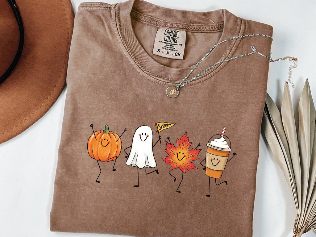 Autumn Halloween Fall Pumpkin Ghost Maple Leaf Pumpkin Spice Latte Comfort Colors Tee Spooky Season (1)