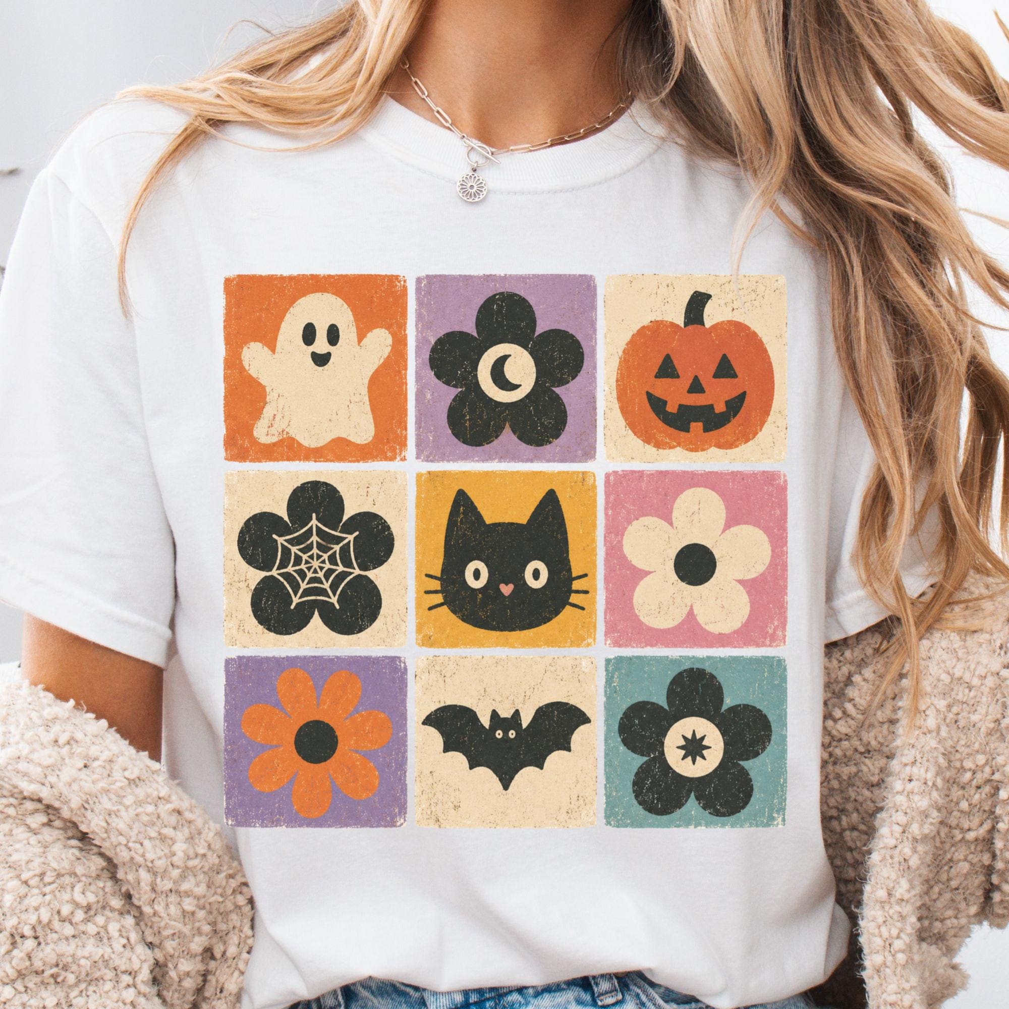 Halloween Retro Ghost Pumpkin Tee Floral Halloween Spooky Season Vintage Fall (1)