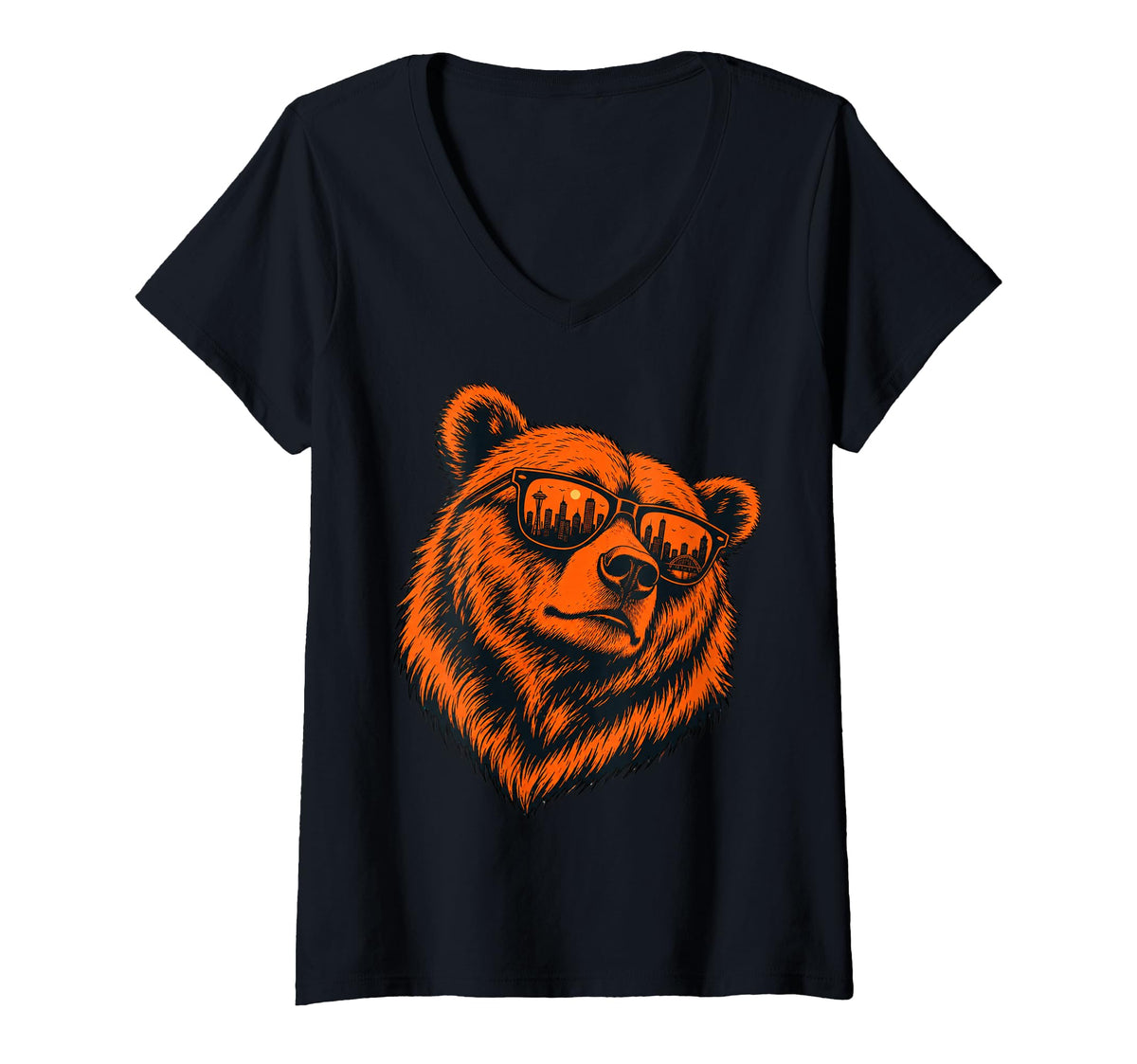 Bear Sunglasses City Skyline Reflection V-Neck Unisex T-shirt, Sweatshirt, Hoodie (1)