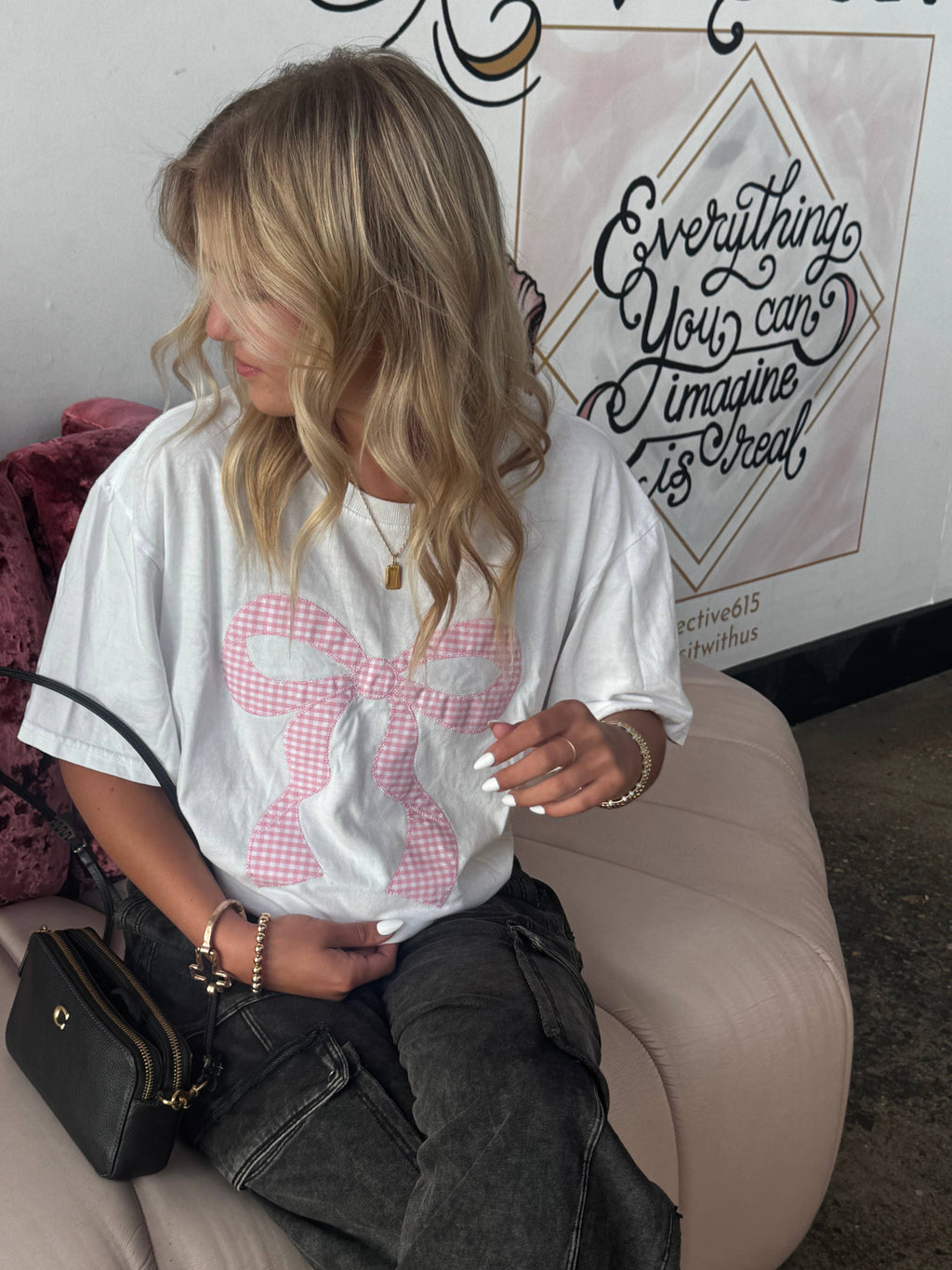 Pink Bow Gingham Floral Short Sleeve T