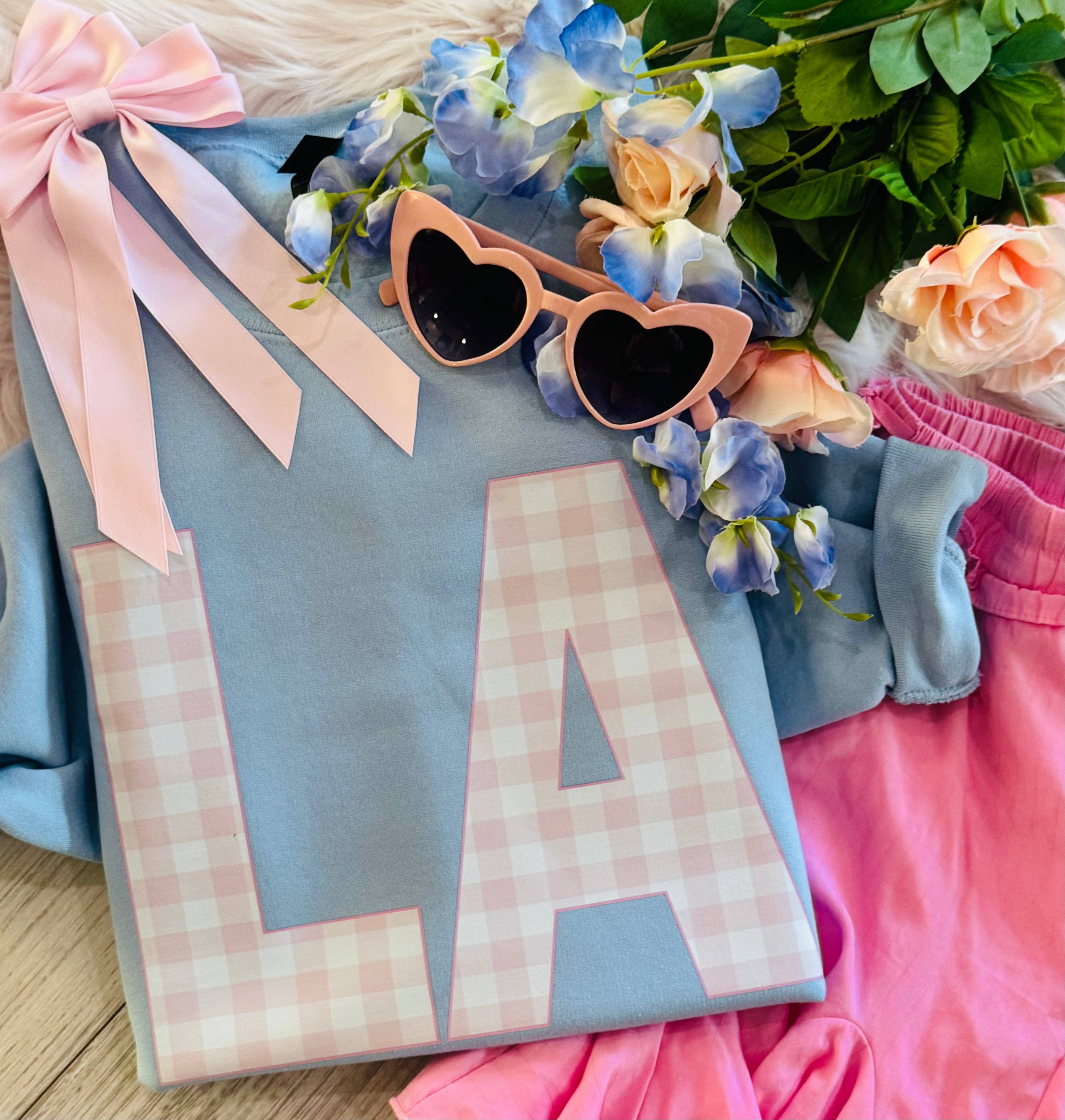 La Pink Gingham State Sweatshirt/Tee