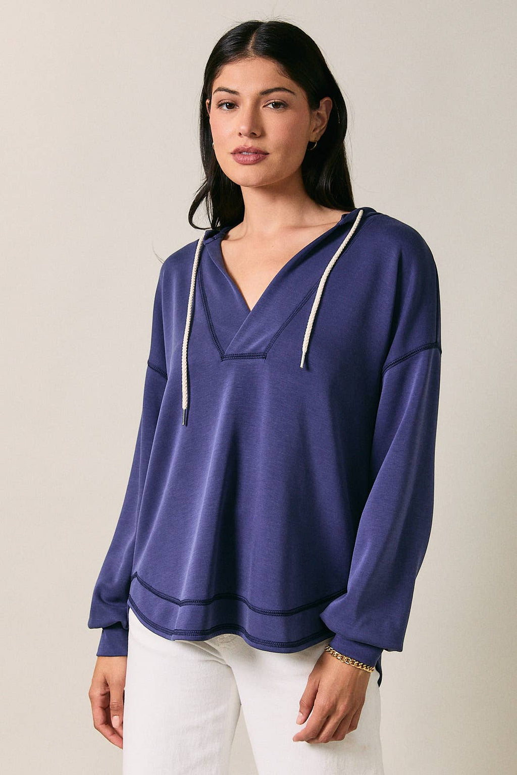 Notch Neck Long Sleeve Hoodie Top