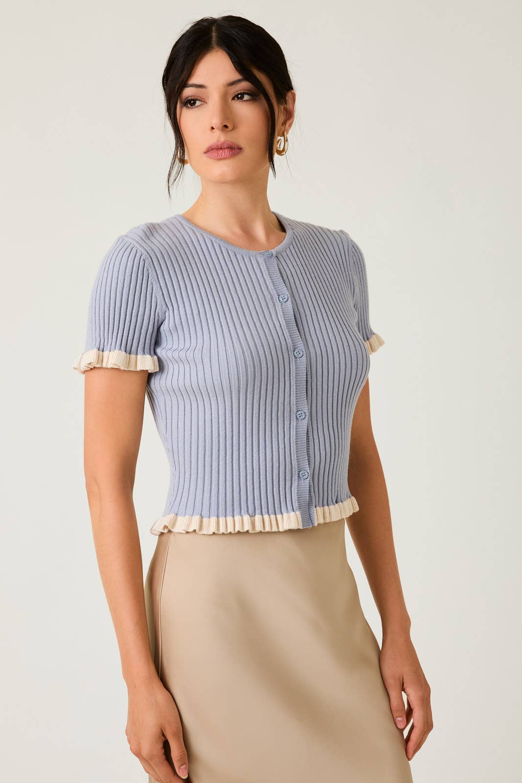 Button Down Ruffle Detail Ribbed Top