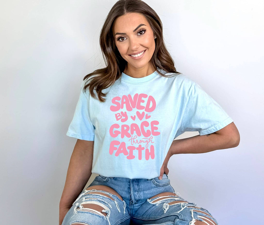 Saved By Grace Bella Faith-Based Summer Graphic Tee