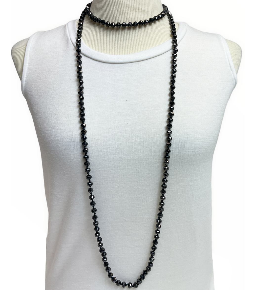 NK-2244 Metallic Black 60 Hand Knotted Glass Bead Necklace