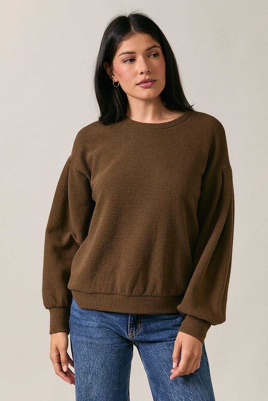Crew Neck Pleated Detail Long Sleeve Top