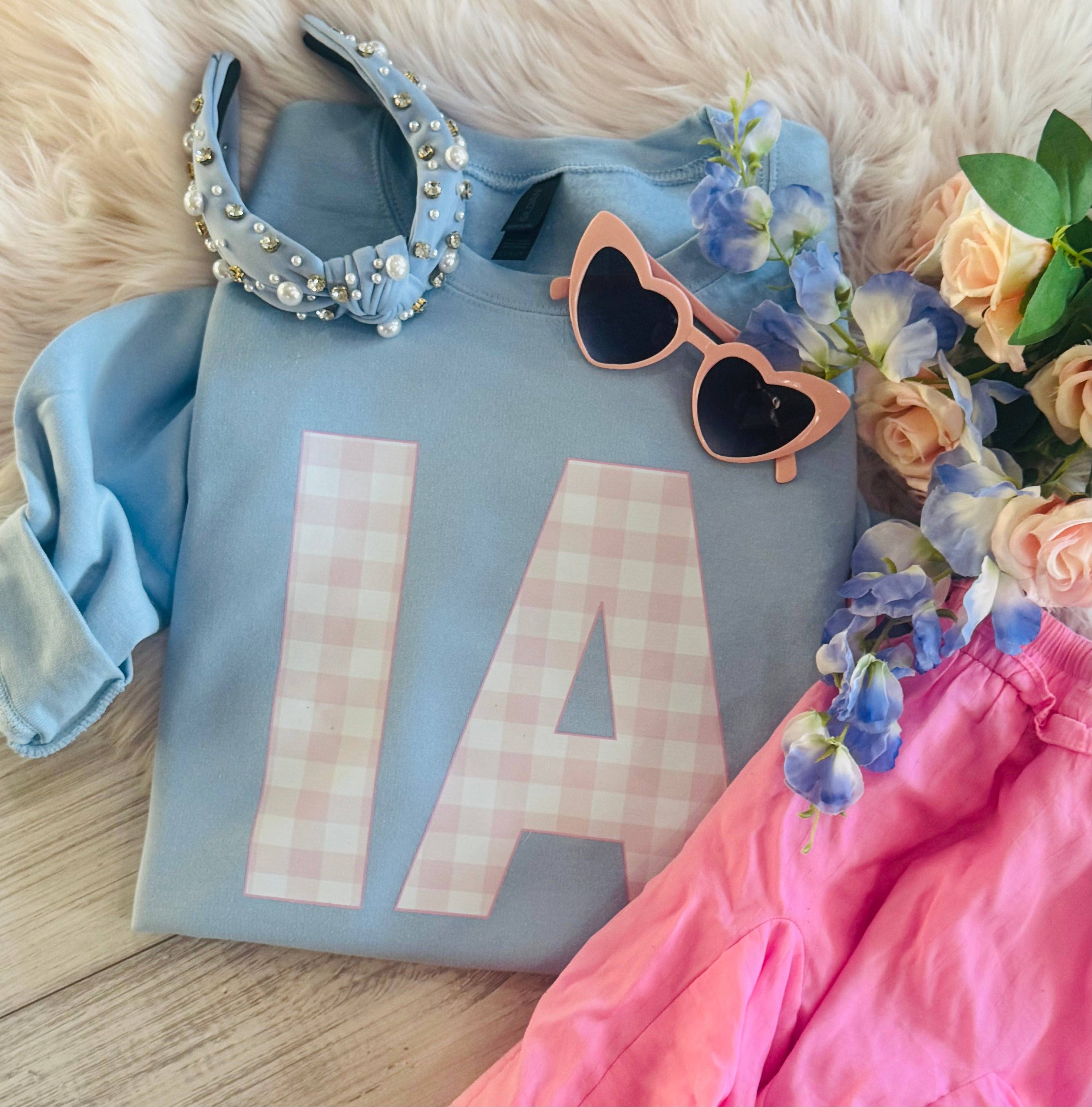 Ia Pink Gingham State Sweatshirt/Tee