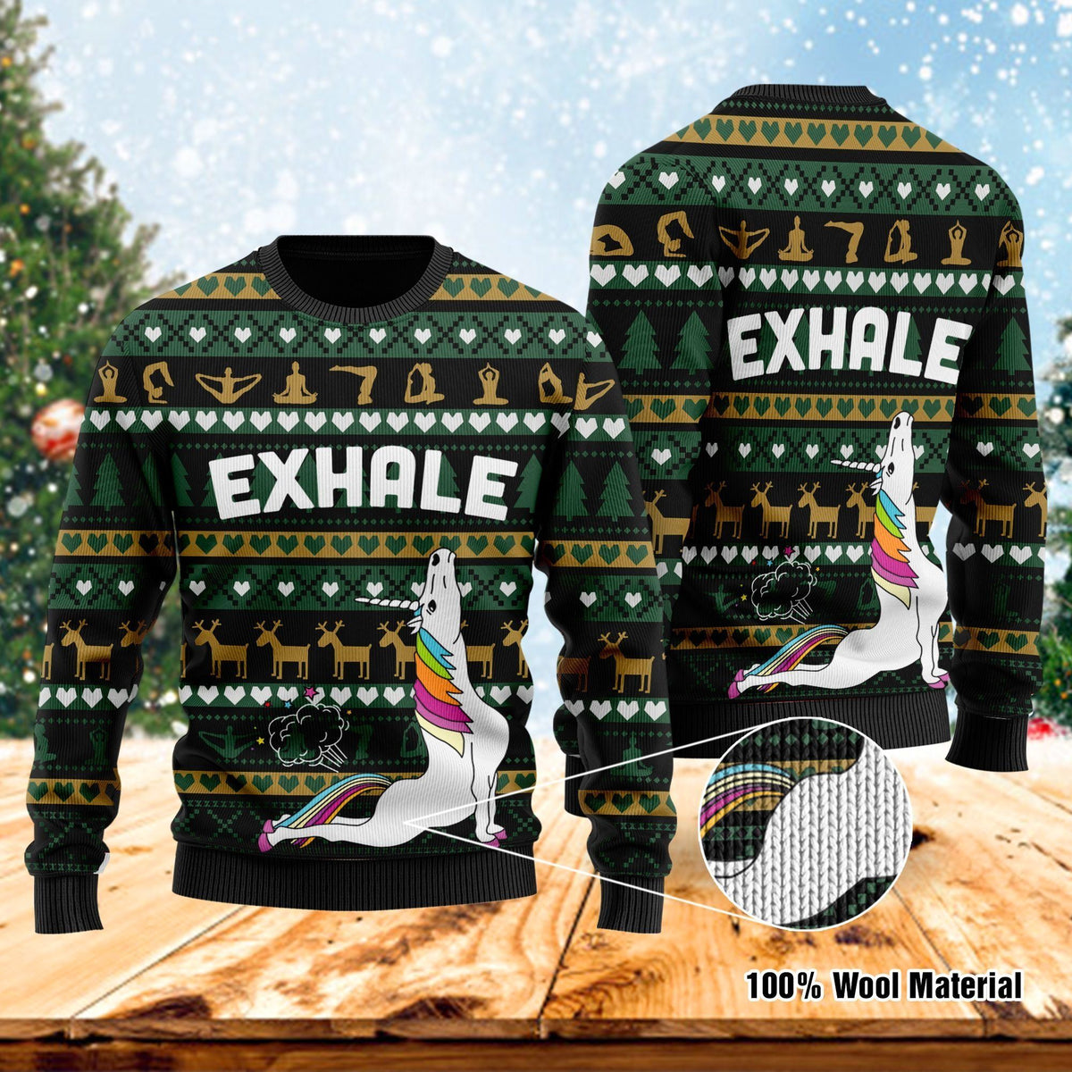 Exhale Yoga Unicorn Ugly Christmas Sweater For Yoga Lovers On Christmas Days