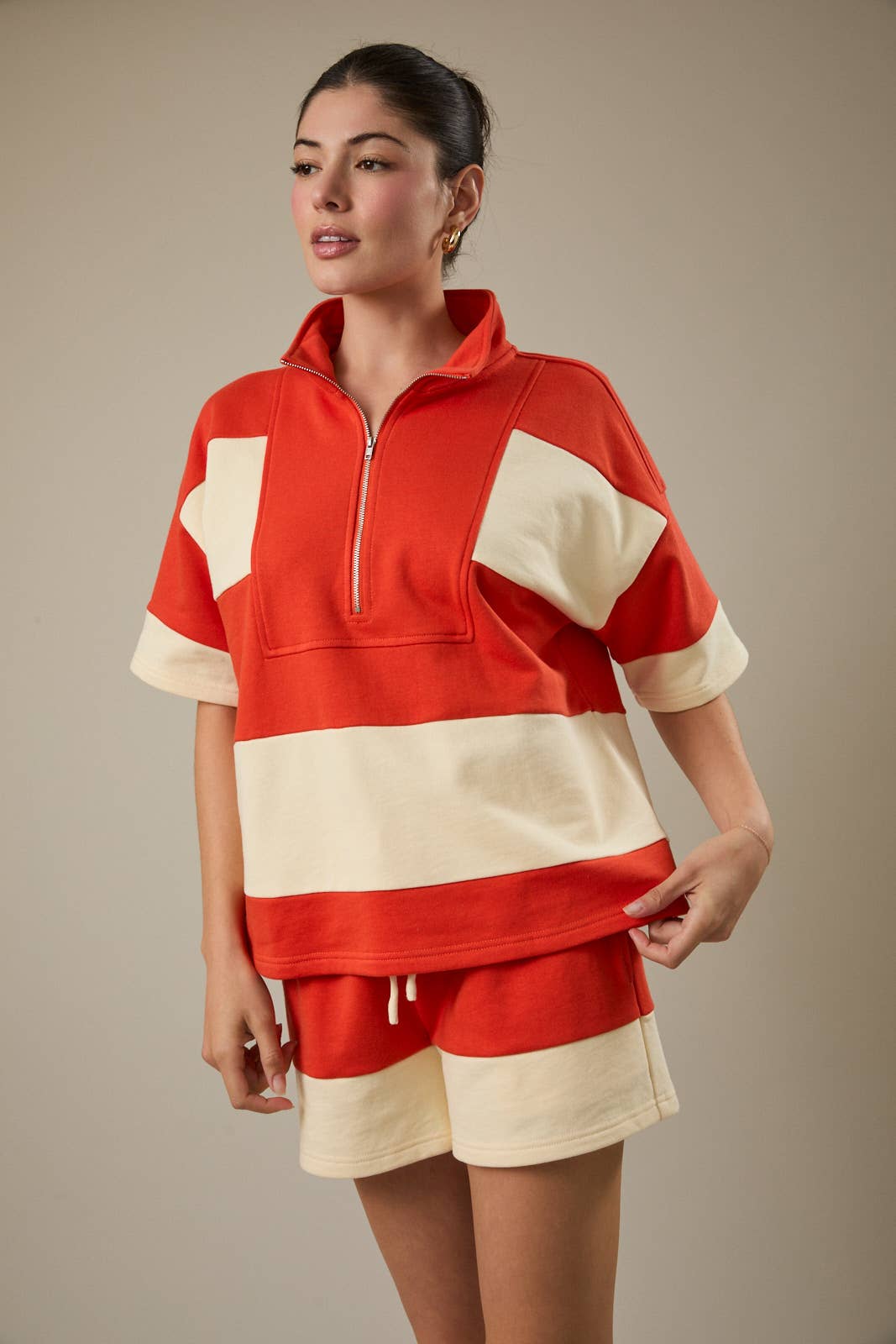 High Neck Zip Up Half Sleeve Color Block Knit Top