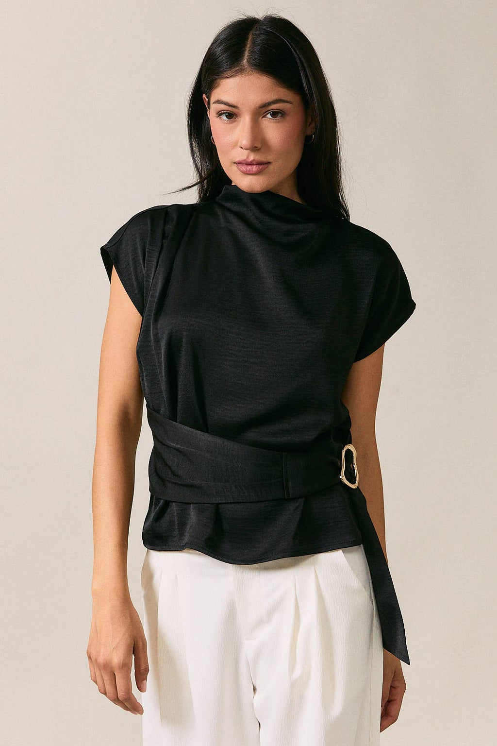 Mock Neck Cap Short Sleeve Belted Detail Top