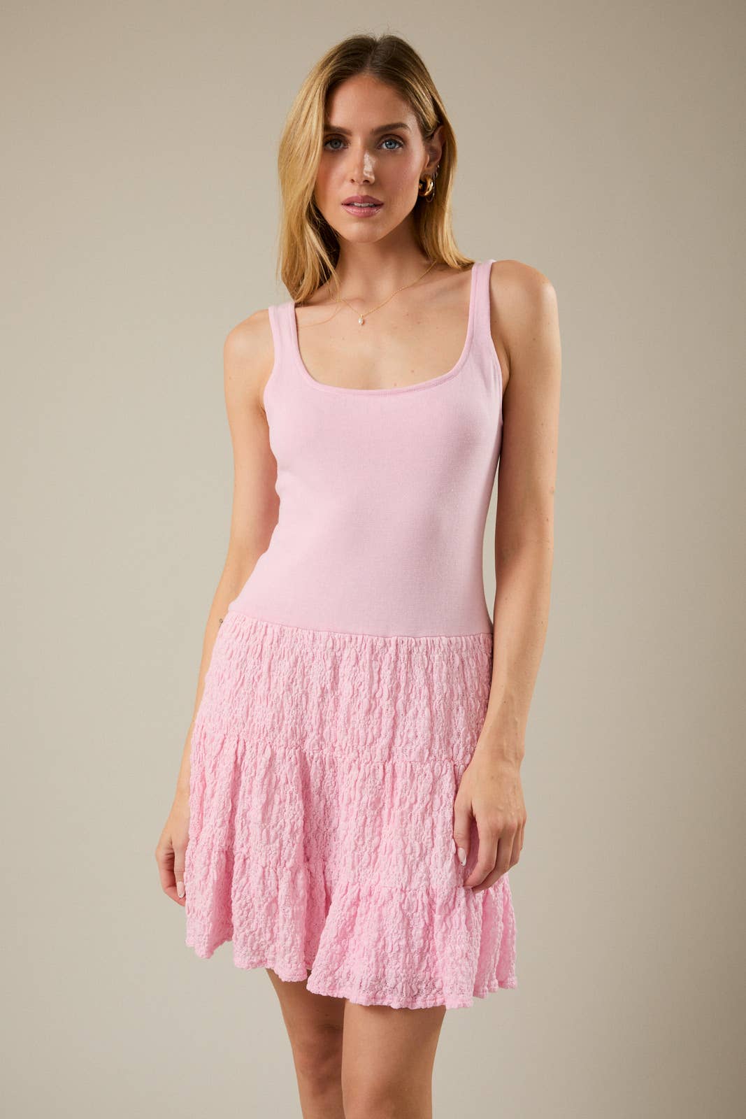 Square Neck Drop Waist Lace Combined Tiered Mini Dress