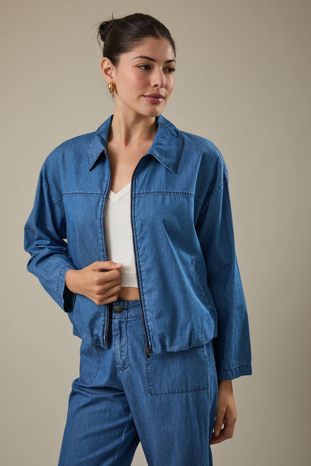 Light Weight Long Sleeve Denim Zip Up Jacket