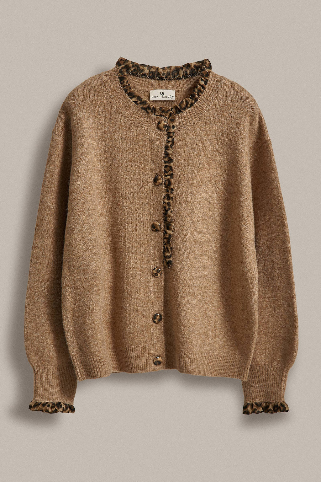 Leopard Ruffle Trim Knit Cardigan