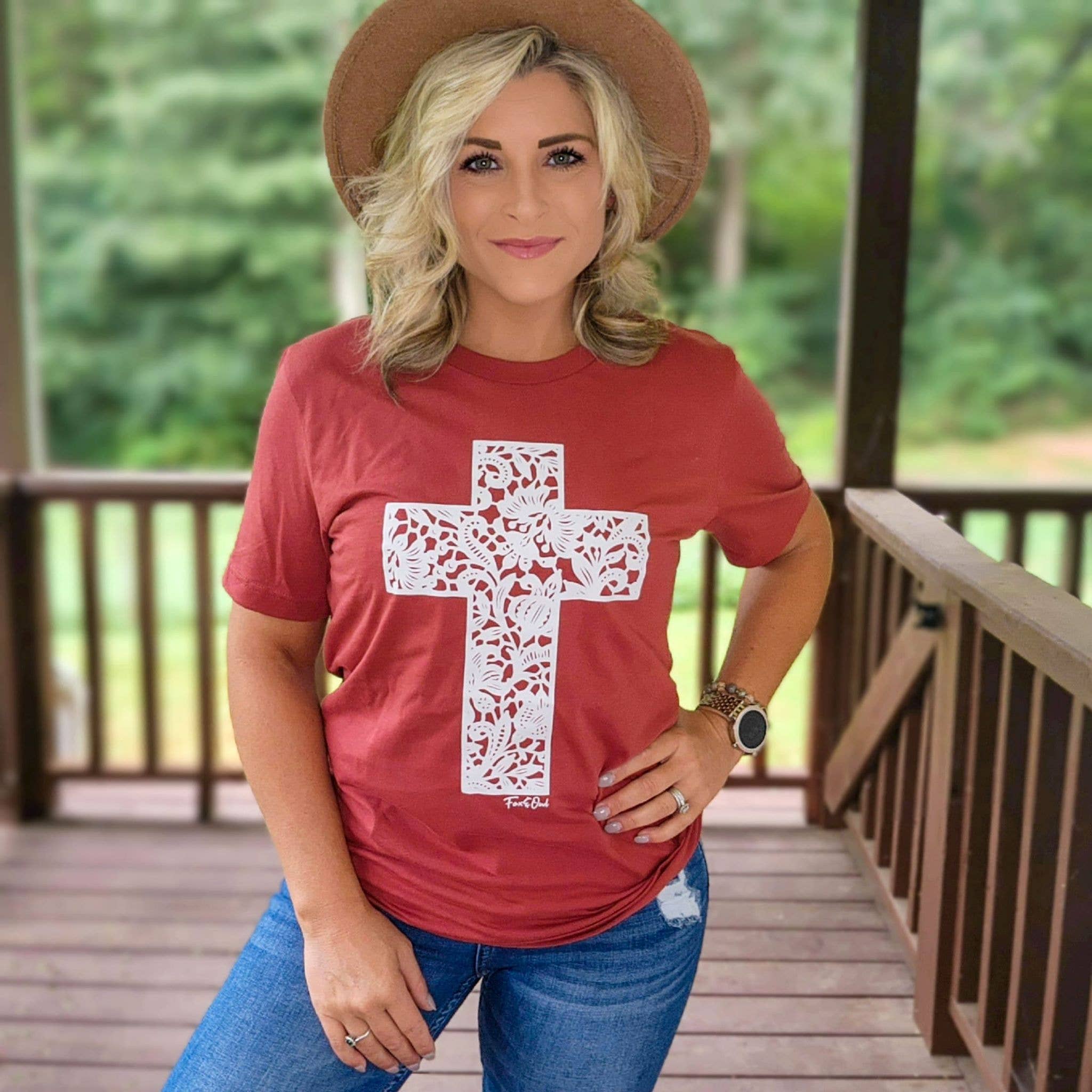 Christian Lace Cross Rust Bella Canvas Women's Graphic Tee