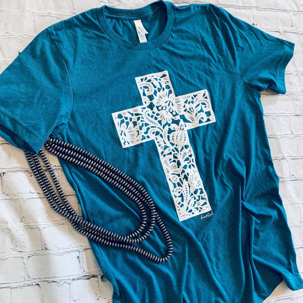 Teal Lace Cross Bella Vintage Faith-Based Graphic Tee