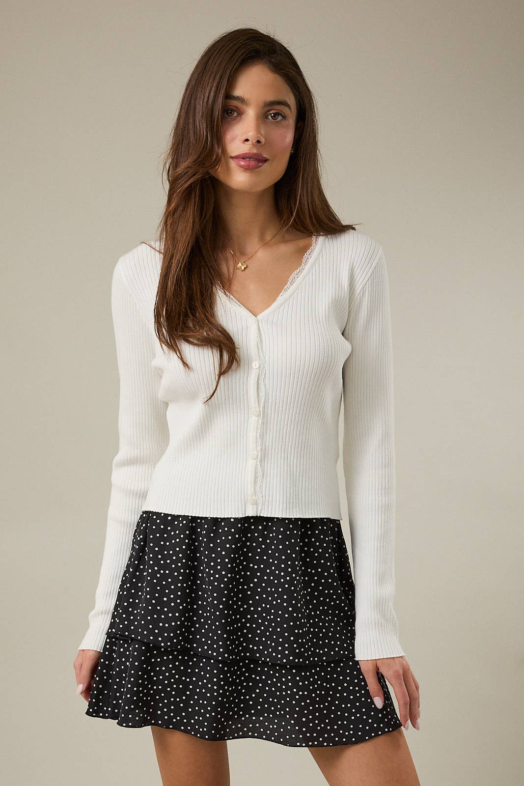 V-Neck Long Sleeve Button Down Lace Inserted Ribbed Cardigan