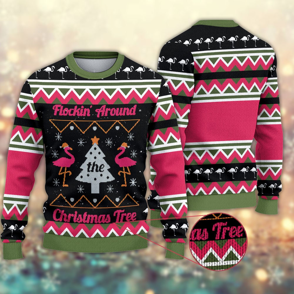 Flockin’ Around The Christmas Tree Flamingo Ugly Christmas Sweater