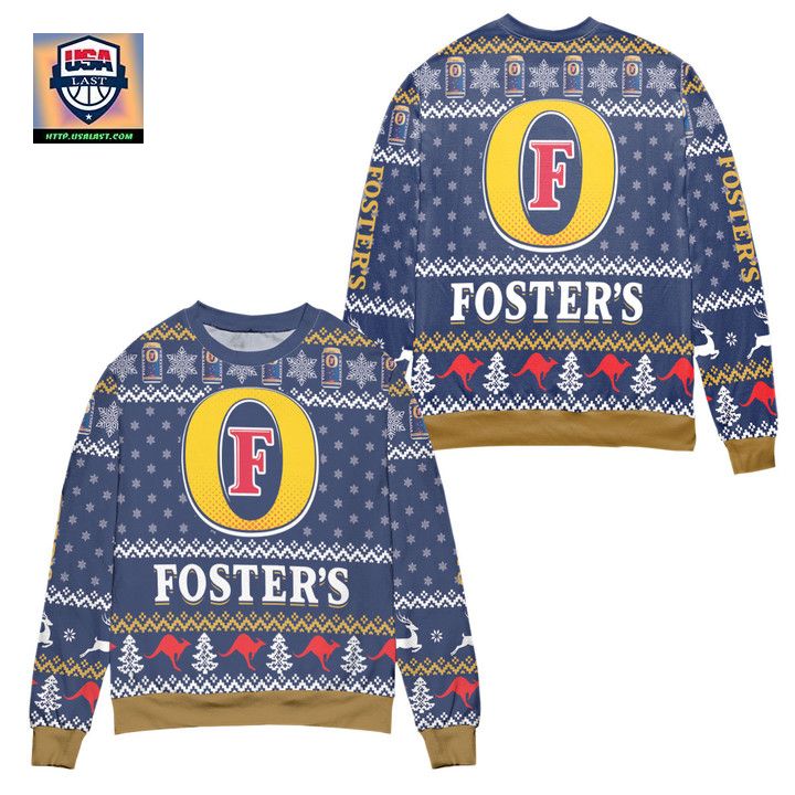Fosters Beer Logo Snowflake Pattern Ugly Christmas Sweater Blue