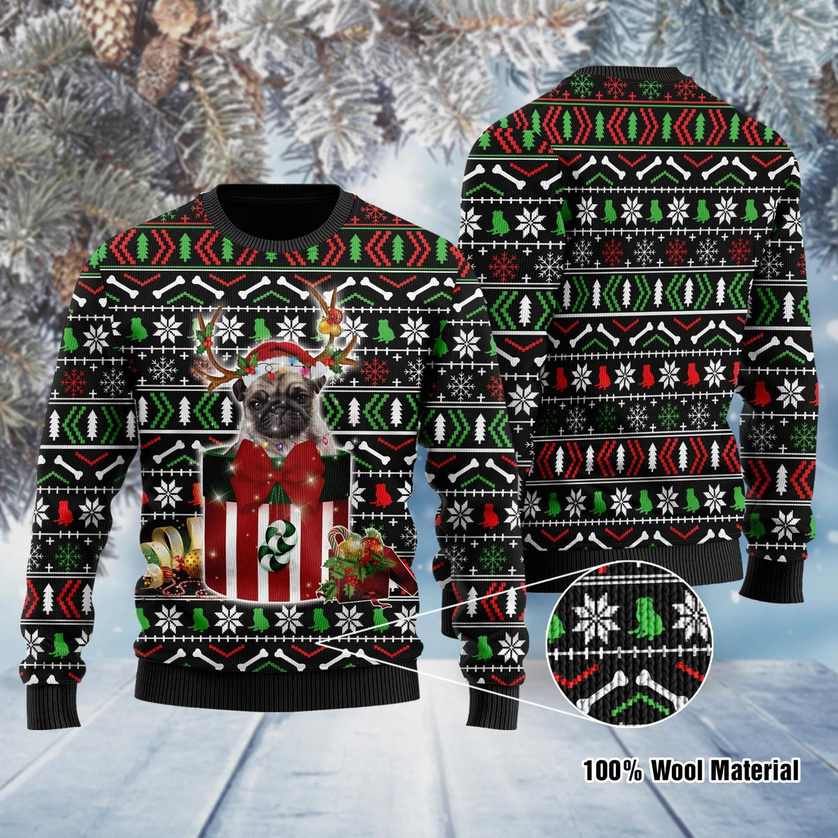 Funny Pug In The Gift Box Ugly Christmas Sweater For Pug Lovers On Christmas Days