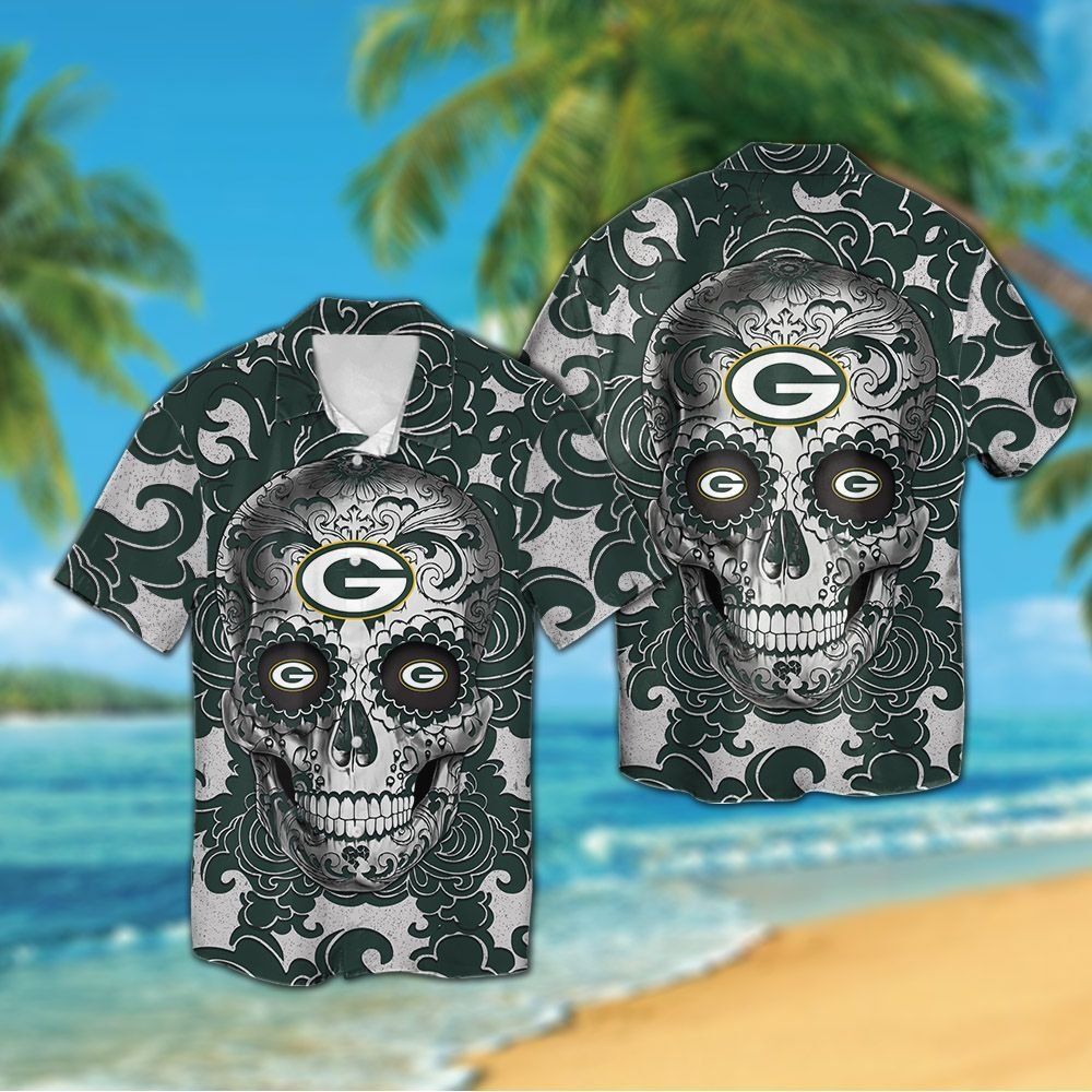 Green Bay Packers Sugarskull Short Sleeve Button Up Tropical Hawaiian Shirt
