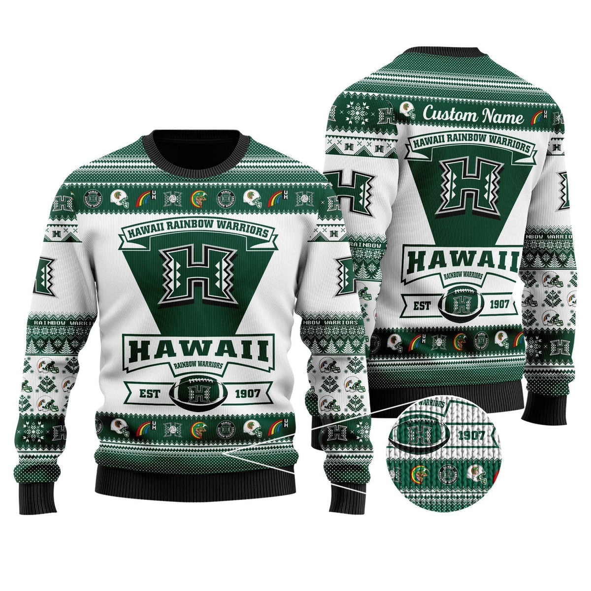 Hawaii Rainbow Warriors Football Team Logo Custom Name Personalized Ugly Christmas Sweater Holiday Party Men Women Plus Size