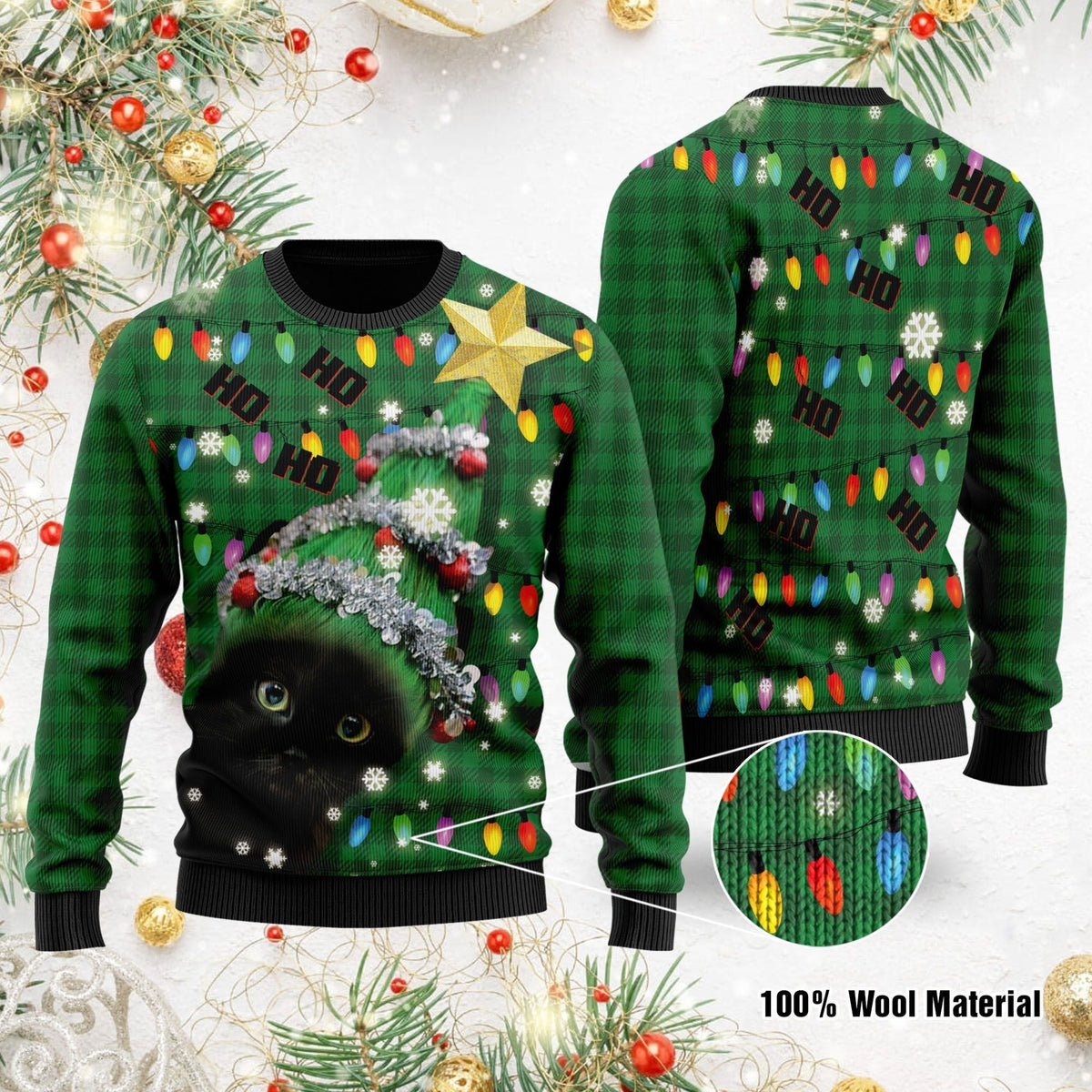 Ho Ho Ho Black Cat Christmas Tree Ugly Christmas Sweater For Black Cat Lovers On Christmas Days