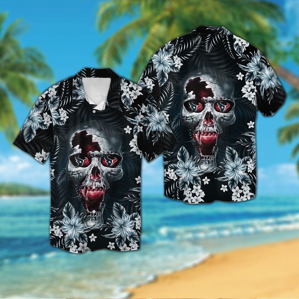 Houston Texansskull Short Sleeve Button Up Tropical Hawaiian Shirt VER01