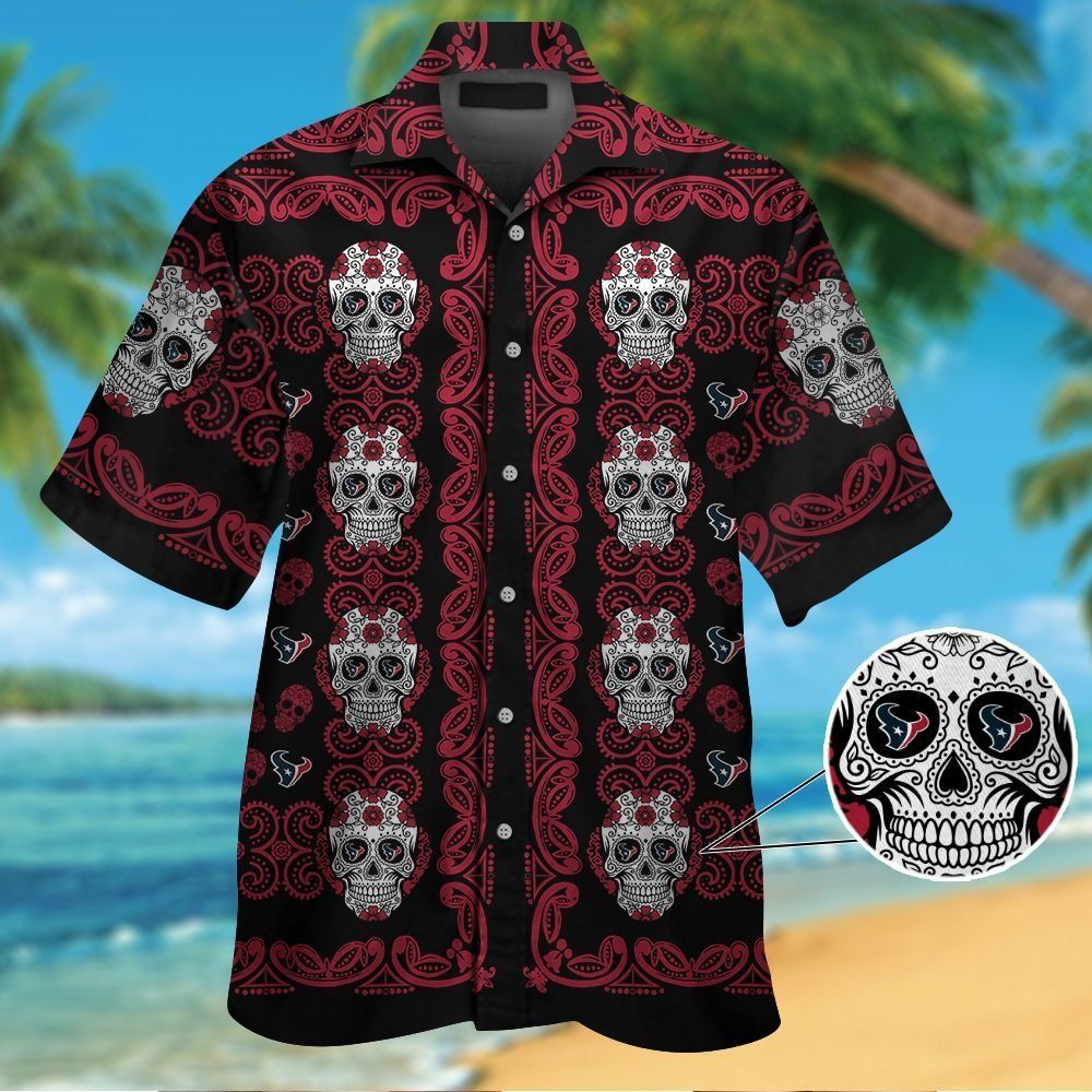 Houston Texansskull Short Sleeve Button Up Tropical Hawaiian Shirt VER02