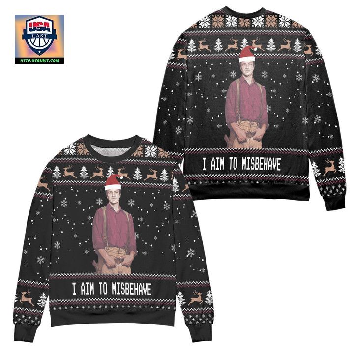 I Aim to Misbehave Survay Says Snowflake Reindeer Pattern Ugly Christmas Sweater Black