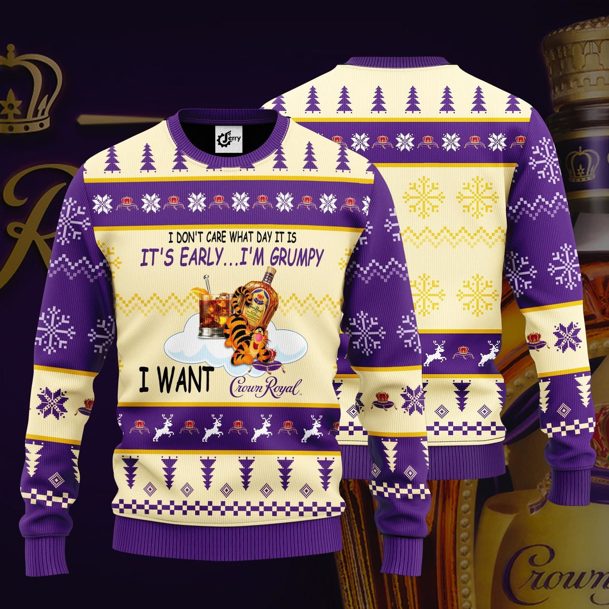 I Don’T Care What Day It Is It’S Early I’M Grumpy I Want Crown Royal Ugly Christmas Sweater