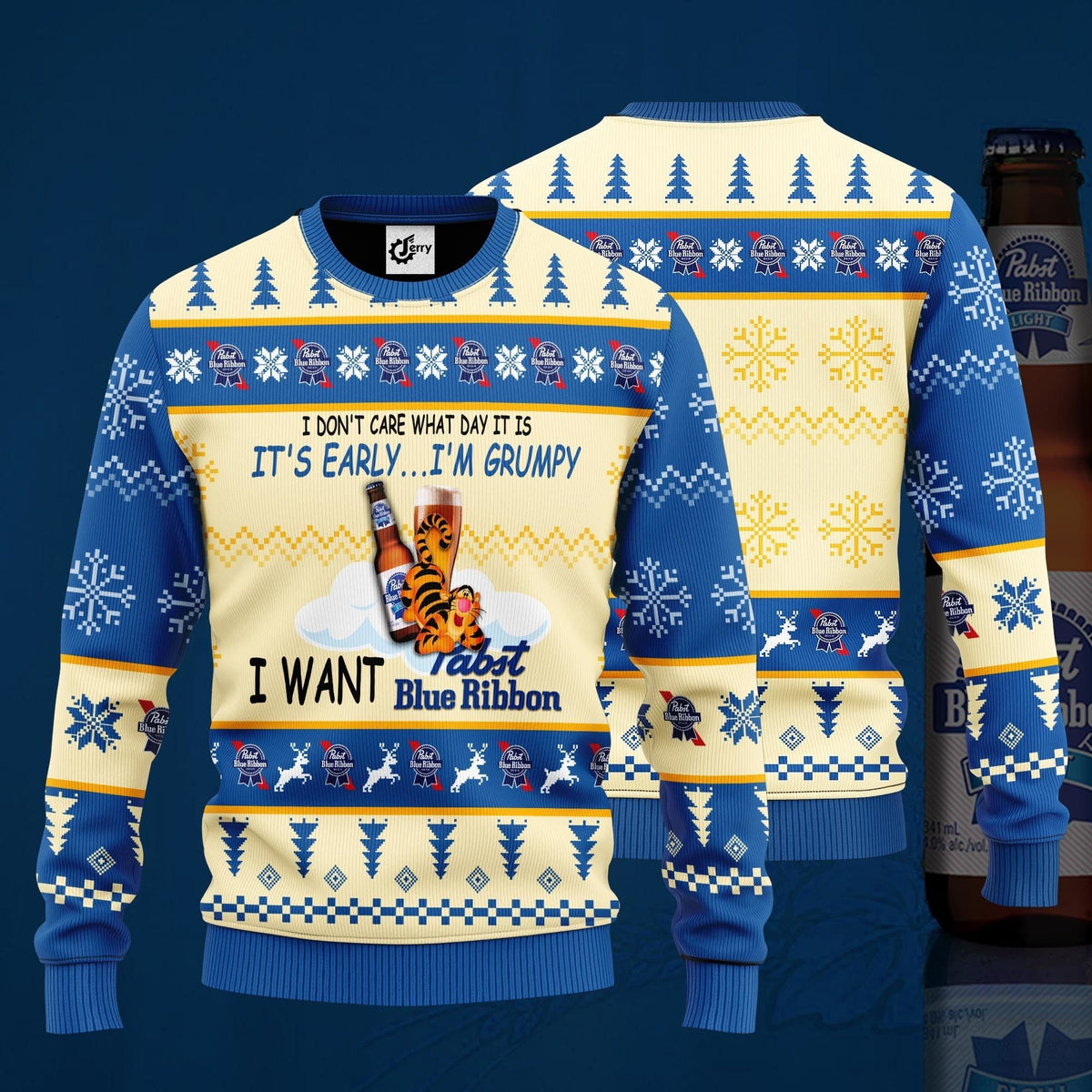 I Don’T Care What Day It Is It’S Early I’M Grumpy I Want Pabst Blue Ribbon Ugly Christmas Sweater
