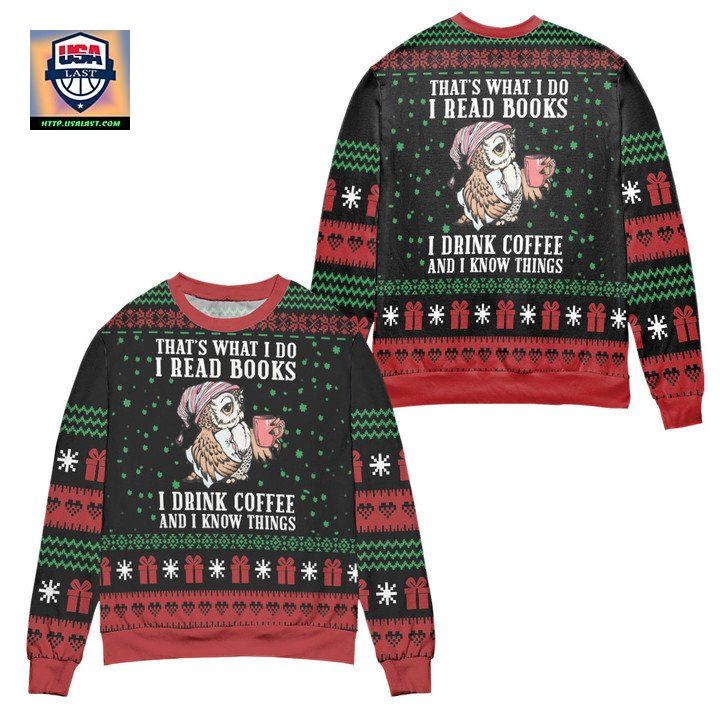 I Read Books And I Know Things Owl Snowflake Pattern Ugly Christmas Sweater Black Red