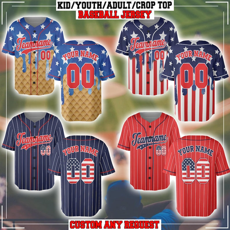 Personalized USA Baseball Jersey, Custom 4th of July Independence Day Patriotic Shirt with Name & Number, Red White Blue Striped Jersey