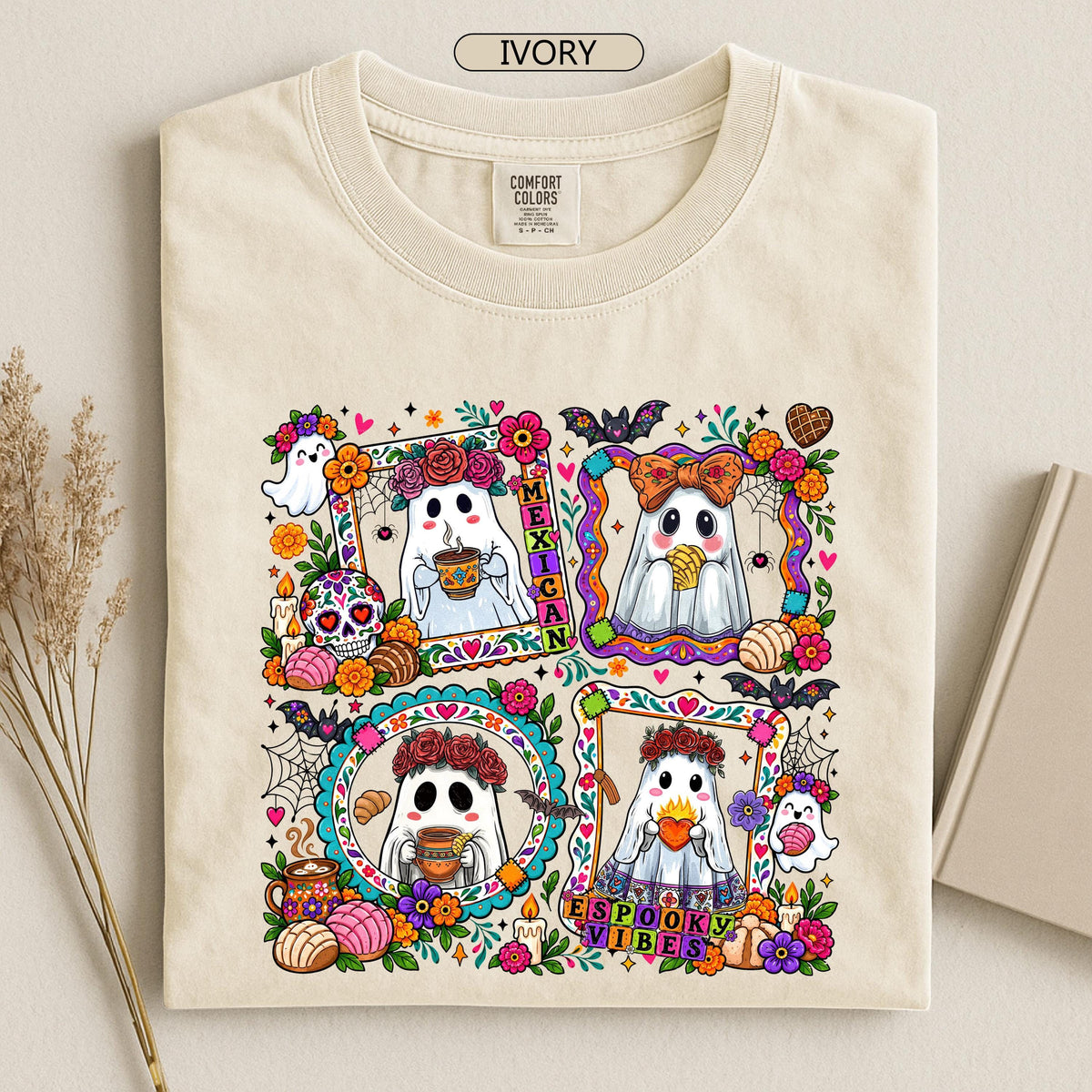 Mexican Ghos Spooky Halloween Tee Floral Sugar Skull Colorful Fall (5)