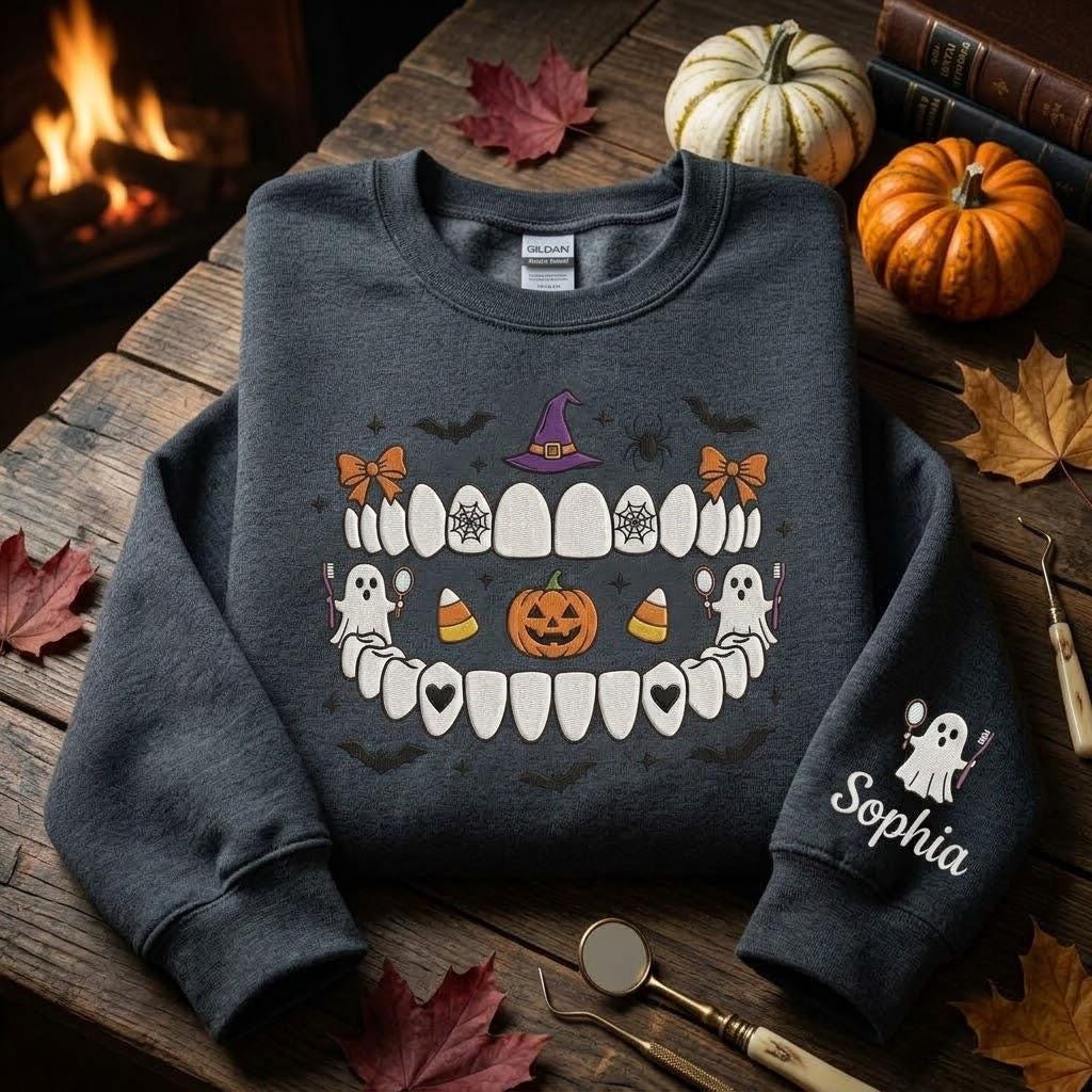 Custom Name Dental Faux Embroidery Dentist Spooky Halloween Tooth Dental Hygienist Ghost Dentistry (5)