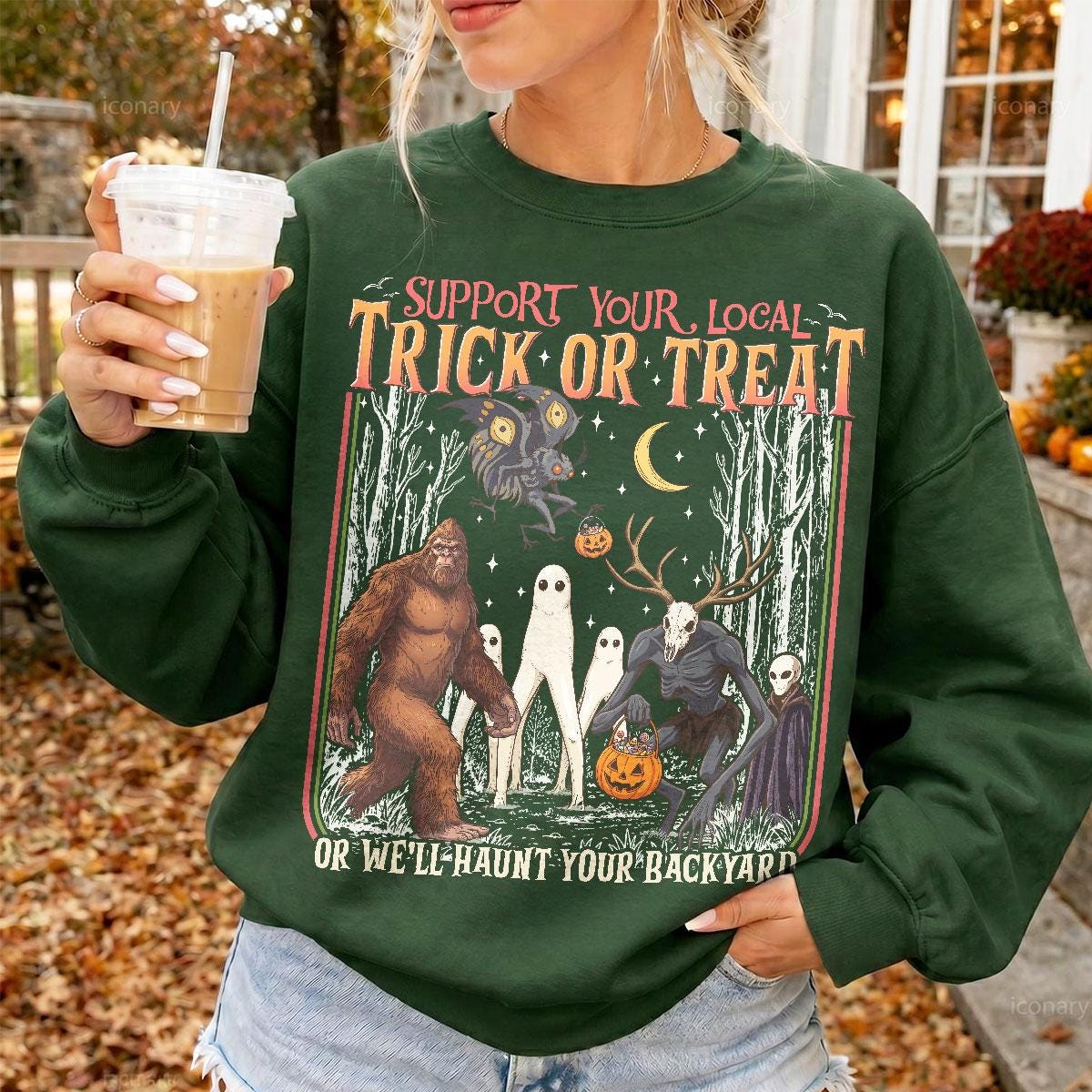Halloween Cryptid Support Local Trick Treat Retro Fantasy Creatures Tee Spooky Season (3)