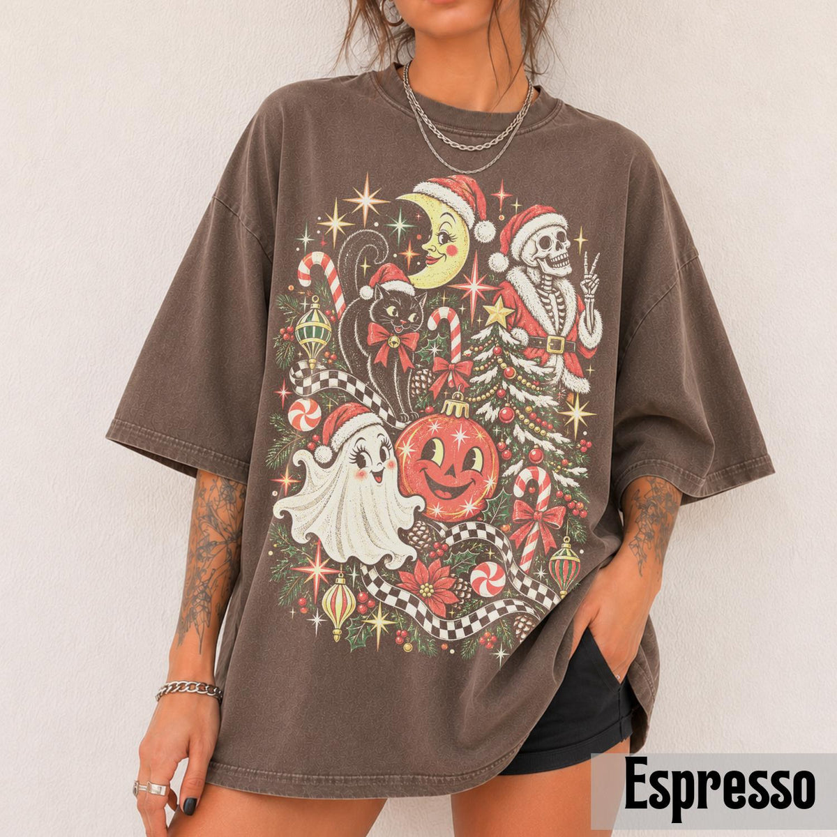 Spooky Christmas Y2k Comfort Colors Tee Retro Ghost Cat Skeleton Collage Goth Grunge Tis Season Holiday (4)