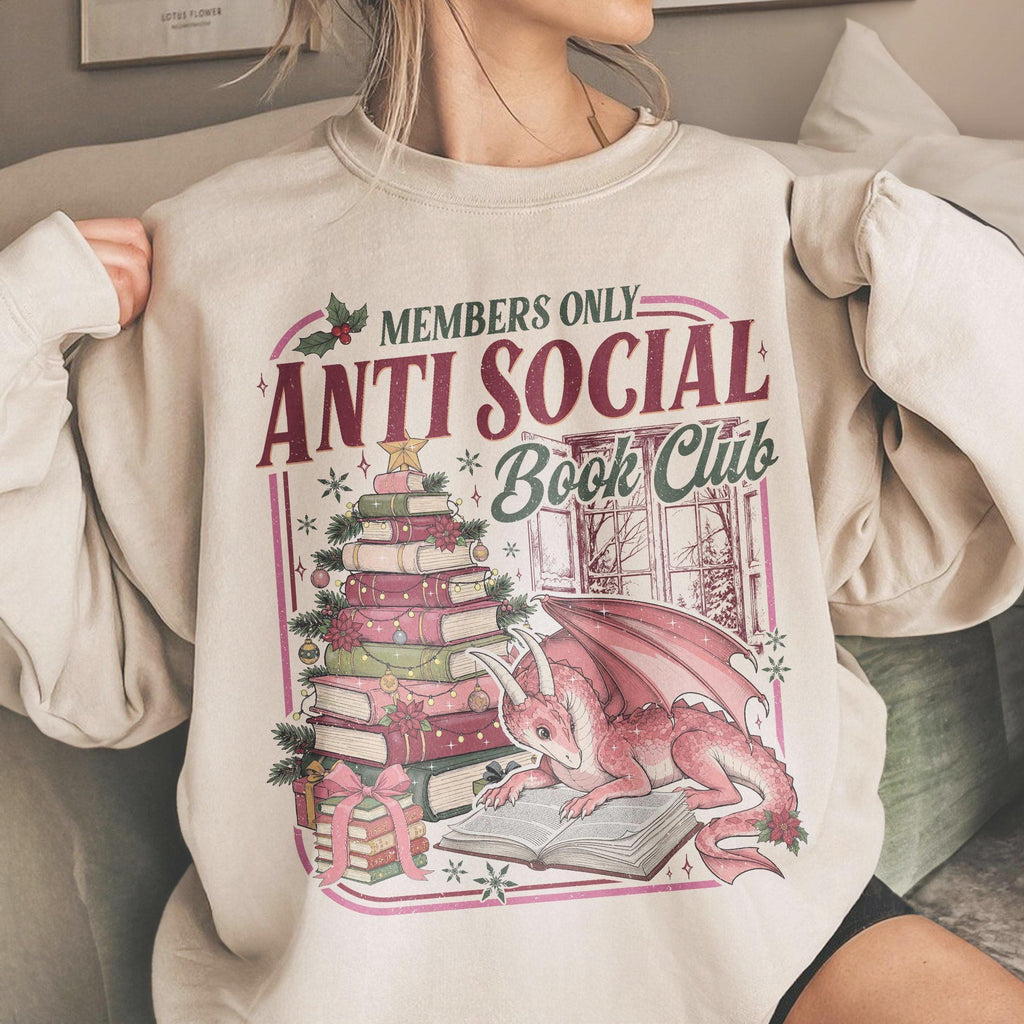 Anti Social Book Club Christmas Dragon Book Lover Fantasy Bookworm Holiday Sweater Retro Reader (1)